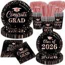 Graduation Plates and Napkins,Pink and Black Graduation Decorations 2026 Tableware Class Of 2026 Grad Paper Plates and Napkins for Congrats Grad Party Decorations