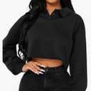 Remidoo Women Cropped Sweatshirt Half Button Down Long Sleeve Crop Top Oversized Sweatshirts Black Large, L
