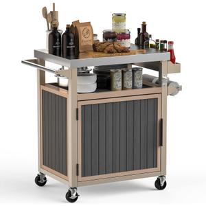 Skyflame Outdoor Grill Cart with Storage on Wheels, Rolling Kitchen Island with Stainless Steel Table Top, Multifunctional BBQ Food Prep Table with Magnetic Single Door for Patio Backyard Garden Deck