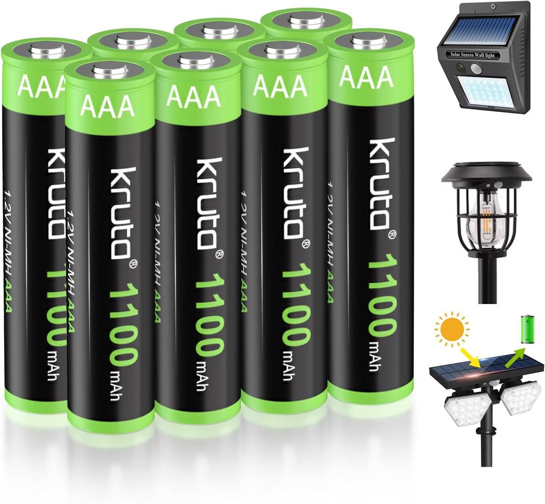 Solar Lights Batteries AAA 1100mah High Capacity 1.2V Ni-MH Rechargeable AAA Solar Battery for Outdoor Solar Lights, Battery String Lights, TV Remotes, Wireless Mouses (AAA1100 Pack 8)