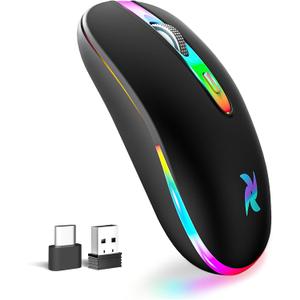 HZD LED Wireless Mouse, Slim Silent Rechargeable Mouse for Laptop, 2.4G Portable USB Optical Mouse with Type C Adapter, 3 Adjustable DPI Levels 1600/1200/800 for Tablet/Computer Black