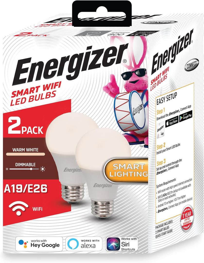 XTREME Energizer Smart Wi-Fi LED Light Bulb, Warm White, 60W, 800 Lumens, Compatible with Alexa, Google Assistant and Siri, Control from Anywhere with App, Custom Schedules, 2-Pack