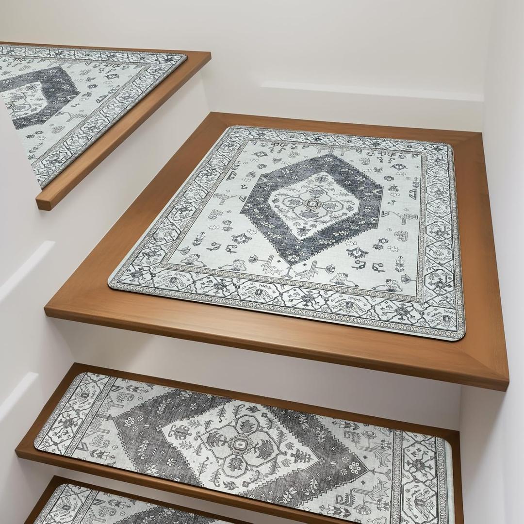 OJIA Stair Treads for Wooden Steps Non-Slip Landing Mat Stair Rug with Rubber Backing, Stair Runner Matching Mat Safety Rugs for Family, Absorbent Washable 31x31 inch, Gray (2'7" x 2'7" (Square), Light Grey)