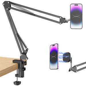 VRIG Magnetic Phone Holder Mount for Bed, Magsafe Flexible Arm Overhead Desk Phone Mount Stand, Adjustable Bedside Laying Down Tablet Mount for iPhone/Android, Magnetic Ring Included