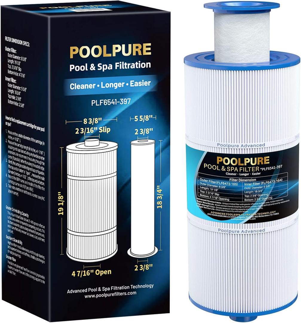 POOLPURE 6541-397 Spa Filter Cartridge Compatible with Sundance Spa Filter 880 Series, 2009-2023, Sundance 6541-397 (with Outer Filter 6473-165 and Inner Filter 6473-164), FC-2772, AK-80802, 1pack