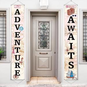 Adventure Awaits Bon Voyage Banner Garland Party Decoration Set Travel Themed Porch Sign Adventure for Indoor/Outdoor Retirement Moving Relocation Travel Wedding Bachelorette Party Decorations (Khaki