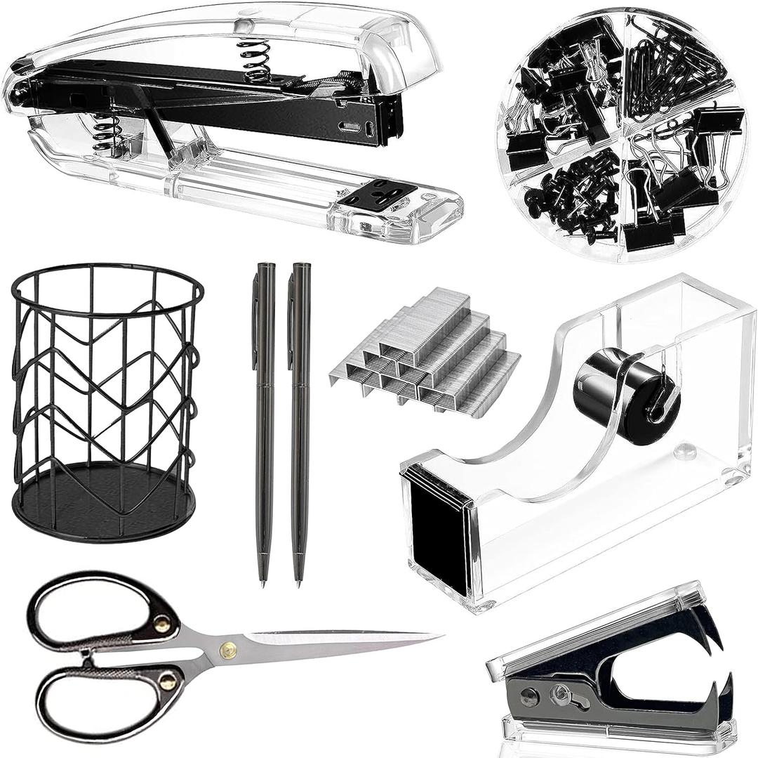 Office Desk AccessoriesOffice Supplies Set Acrylic Stapler Set Staple Remover, Tape Holder, Pen Holder, 2 Ballpoint Pen, Scissor, Binder Clips, Paper Clips and 1000pcs Staples(Black)