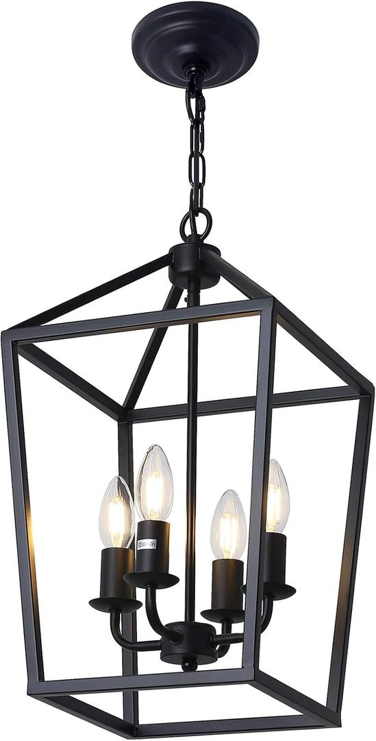 4-Light Black Farmhouse Chandelier Iron Lantern Pendant Light Rustic Cage Hanging Light Fixtures Industrial Foyer Lights for Kitchen Island Dining Room Hallway Foyer Entryway (Black-11.8")