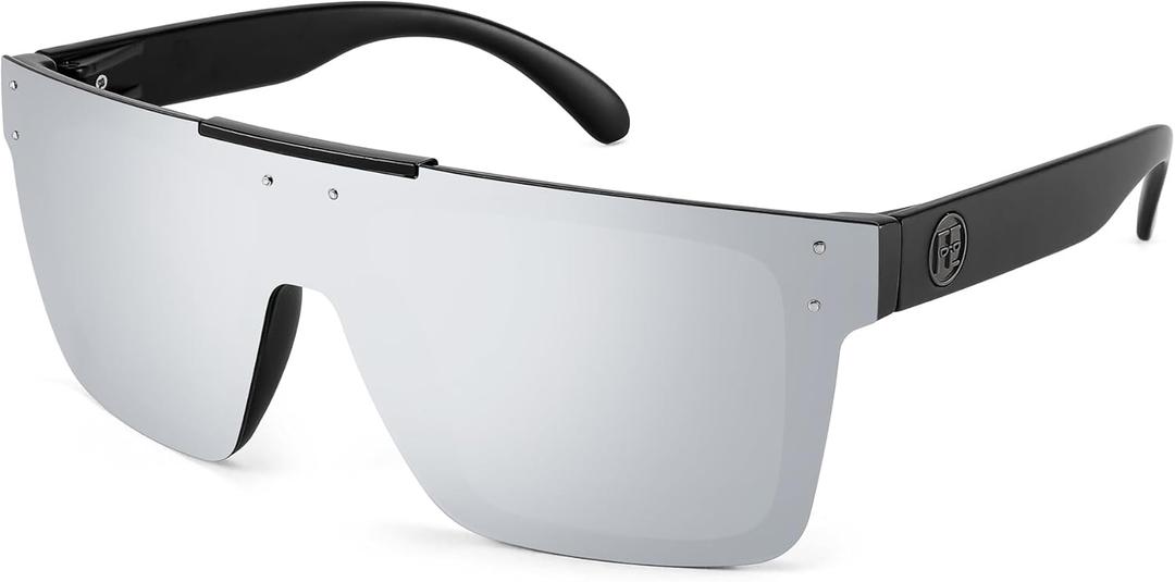 FEISEDY Men Sunglasses Polarized Oversized Square Flat Top Cycling Running Fishing Golf Hiking Sports B2990 (Polarized Silver Mirrored Lenses With Black Temples 002)