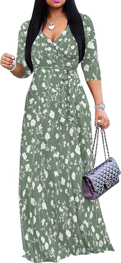 SUZONANA Plus Size Dresses for Women Floral Print Maxi Dress Flowy 3/4 Sleeve with Belt (Green, XXL)
