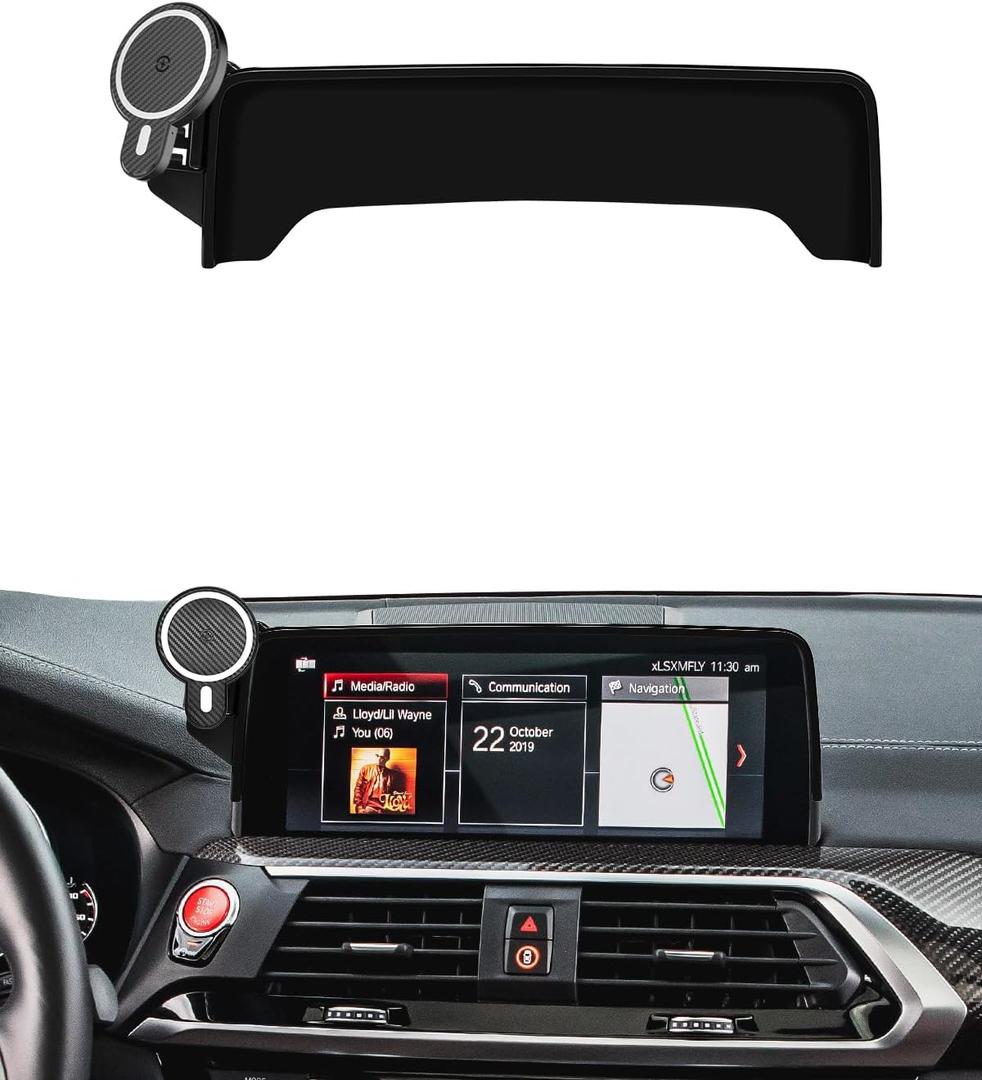PZK Car Phone Holder for BMW X3 2018-2021/ BMW X4 2019-2021 Accessories 10.25/10.3-Inch Screen Fixed Clip Magnetic 15W Fast Wireless Charging Car Phone Mount with Sunglasses Storage Box 360 Rotation