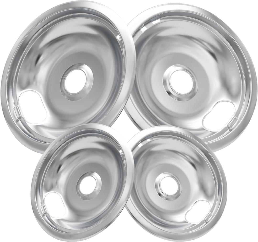 W10196405 W10196406 Stove Burner Drip Pans for Electric Stove Top-Compatible with Whirlpool Electric Range-Thickening to Prevent Bent-Set of 4 Chrome Drip Pans, Silver