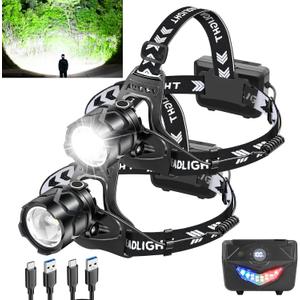 LED Headlamp FlashlightRechargeable Head Lamp 3000 Lumens Ultra BrightIPX7 Waterproof Headlamps w/ 5 Lighting Modes180  AdjustableZoomable CampingRunningHiking (2 Pack)