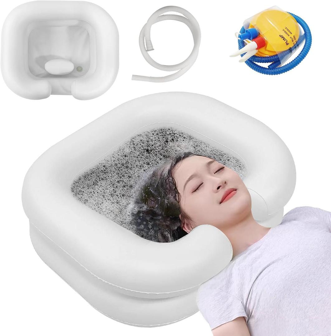 Inflatable Shampoo Basin, Portable Shampoo Bowl with Neck Support Drain Hose for bedridden People, Shampoo Sink for Those Elderly Disabled Pregnant Women Injured (Cream White)