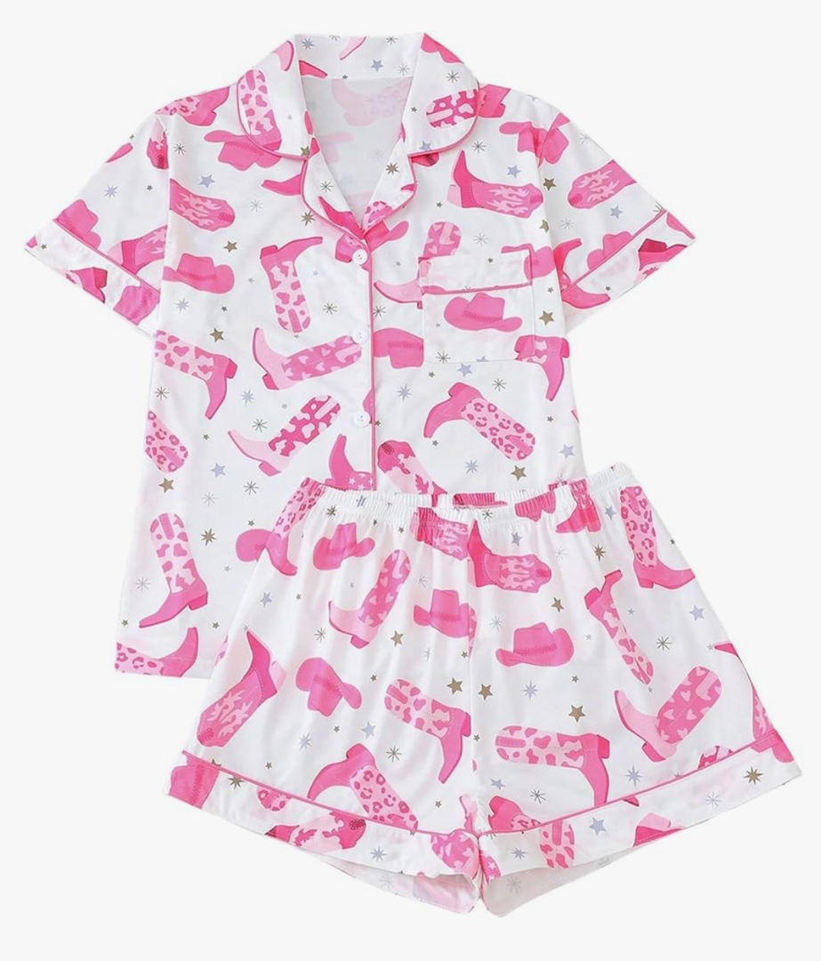 WDIRARA Women's 2 Piece Boots Graphic Pajama Set Pocket Patched Button Down Shirt with Shorts Satin Sleepwear, Small