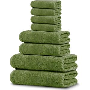 Tens Towels Pack of 8 Towels Set, 2 Extra Large Bath, 2 Hand, 4 Washcloths, 100% Cotton, Lighter Weight, Quicker to Dry, Super Absorbent, Perfect for Bathroom, Green