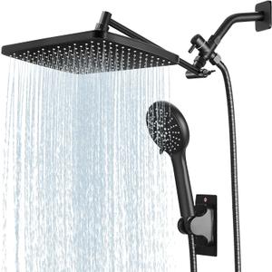RNDIOZD Shower Head with Handheld Combo, 11.8 Inch Large Rectangular Rain Shower Head with 5 Modes Handheld Spray Combo, Adjustable Double Shower Heads with Holder and 11'' Extension Arm Matte Black