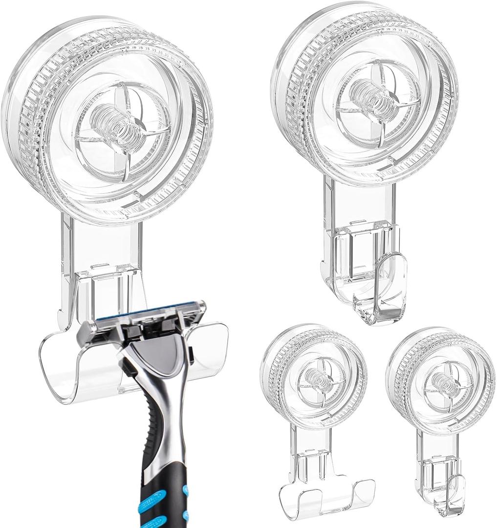 LUXEAR Suction Hooks,4 Pack 2razor Hooks 2 Single Hook Clear Removable & Reusable Vacuum Suction Hanger Waterproof Powerful Weather Hanger Hook for Towel Bathrobe Loofah Bathroom Kitchen Storage