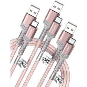 JSAUX USB C Cable Fast Charging, 3-Pack (10ft+6.6ft+3.3ft) USB A to Type C Charge Cord for iPhone 17/17 Pro/17 Pro Max, iPhone 16/16 Pro/16 Pro Max, Samsung Galaxy S24 S22 S20, USB C Charger(Pink) (Rose Gold)