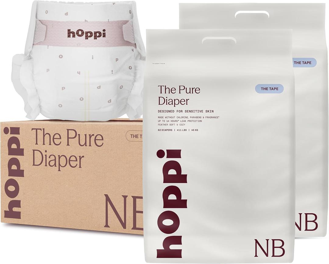 Hoppi Pure Baby Diapers Newborn, 124 Count, Up to 11 lbs