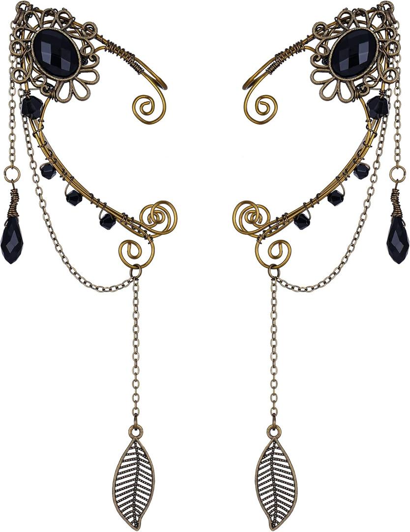 FRESHME Fairy Elf Ear Cuffs - Handmade Bronze Antique Vintage Cuffs Drop Dangling Ear Clips Wraps for Women s Costume