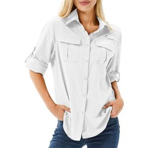 Toumett Women's UPF 50 Long Sleeve UV Sun Protection Safari Shirts Outdoor Quick Dry Fishing Hiking Travel Shirts(5071, White01, L)