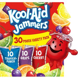 Kool-Aid Jammers Drink, 30 Pouches, for School Lunches and On-the-Go Hydration, Artificially Flavored Tropical Punch, Grape and Cherry Flavors, 6 fl oz (EXP 03/22/27)