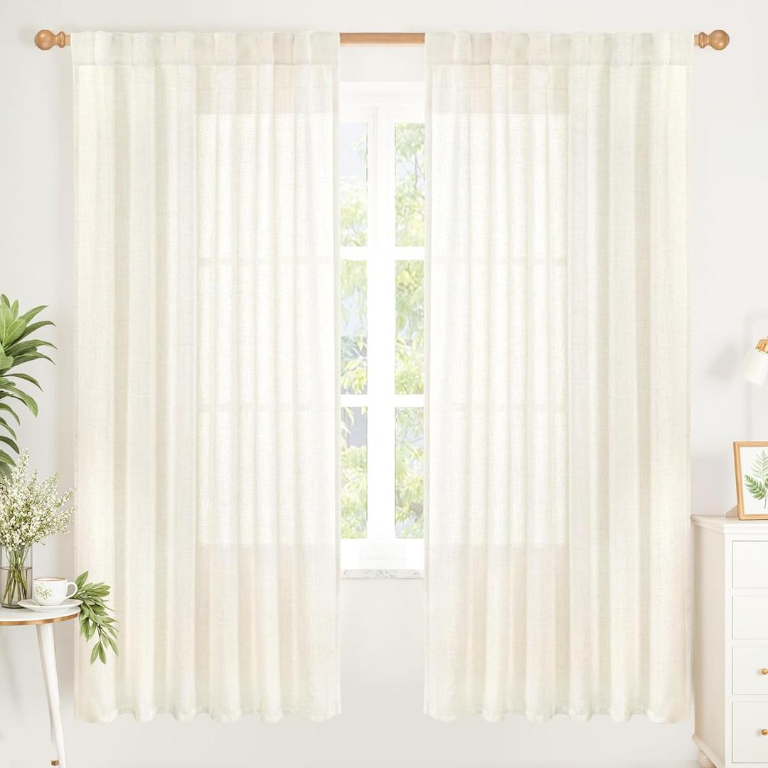 YoungsTex Ivory Linen Curtains 72 Inch Length for Living Room, Light Filtering Drapes Semi Sheer with Rod Pocket Back Tab Rustic for Country Bedroom, 2 Panels, 52 x 72 Inch