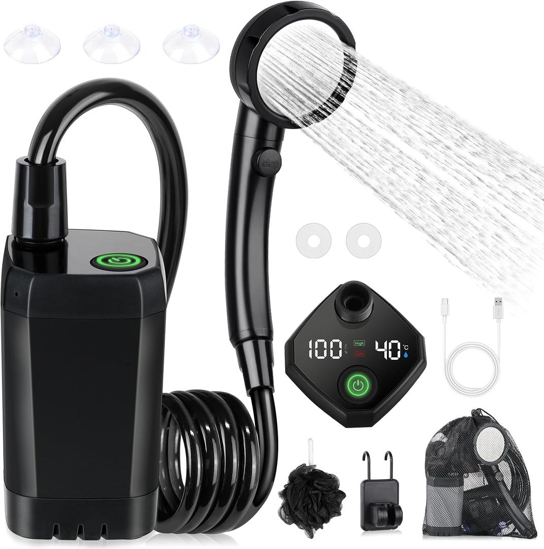 Portable Shower for Camping, [Long-Lasting] Spopal 6000mAh Rechargeable Camping Shower with Intelligent LED Display, 4 Spray Modes, IPX7 Waterproof Outdoor Camp Pump for Hiking, Travel, Car, Pet (Black)