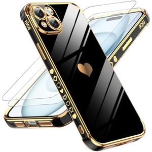 LeYi for iPhone 15 Plus Case: with Tempered Glass Screen Protector [2 Pcs]+ Full Camera Lens Protection, Love Heart Plating Girly Cute Luxury Soft TPU Shockproof Case for iPhone 15 Plus, Purple