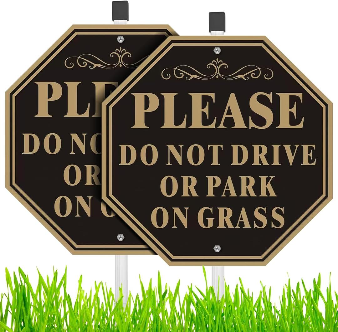(2 Pack) Do not Drive or Park on Grass Sign, 10''X10'' Sturdy Rust Free Aluminum Metal Signs With 28" Metal Stakes, No Parking on Grass Sign, Fade Resistant, Weatherproof, Easy to Mount