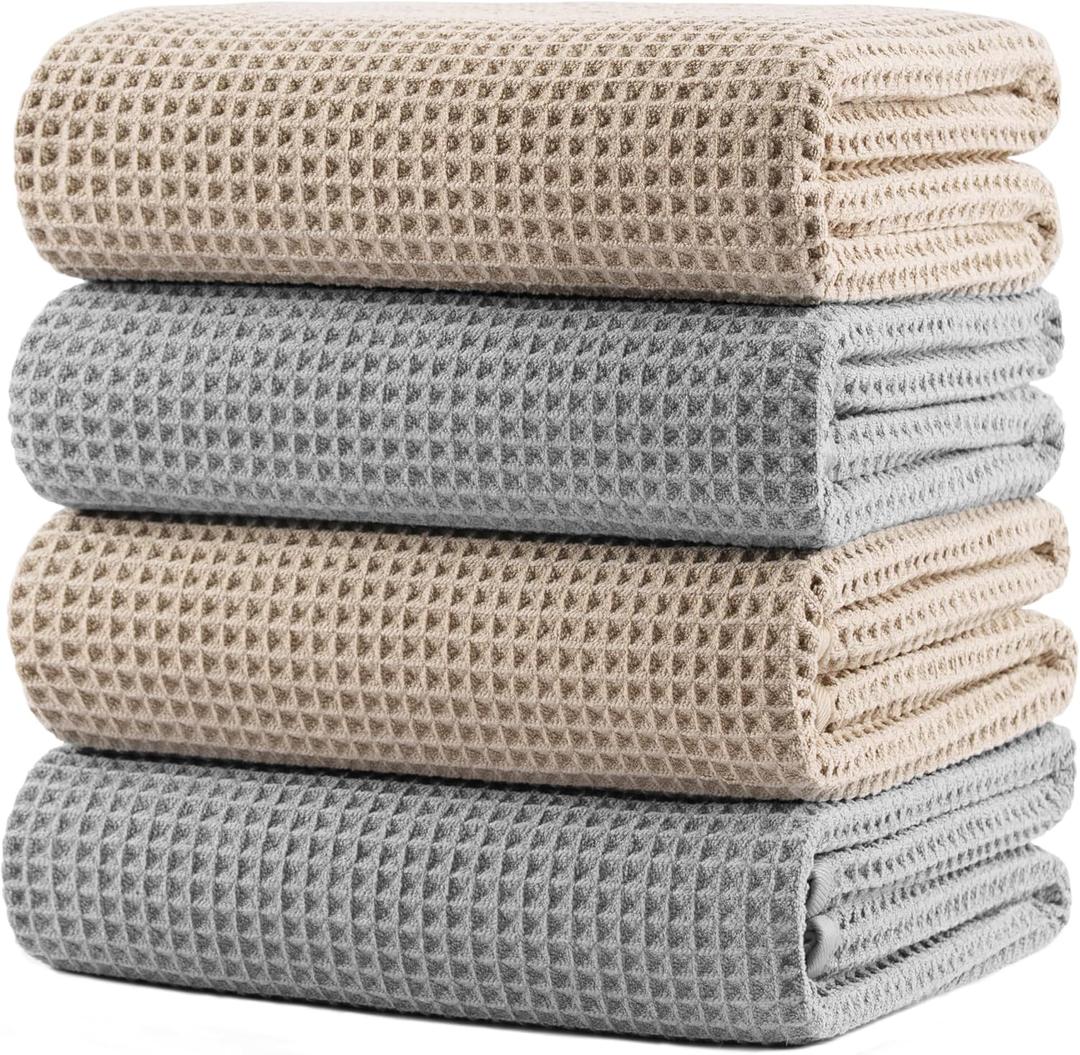 POLYTE 430 GSM Microfiber Oversize Quick Dry Lint Free Bath Towel, 60 x 30 in, 4 Pack (Waffle Weave)