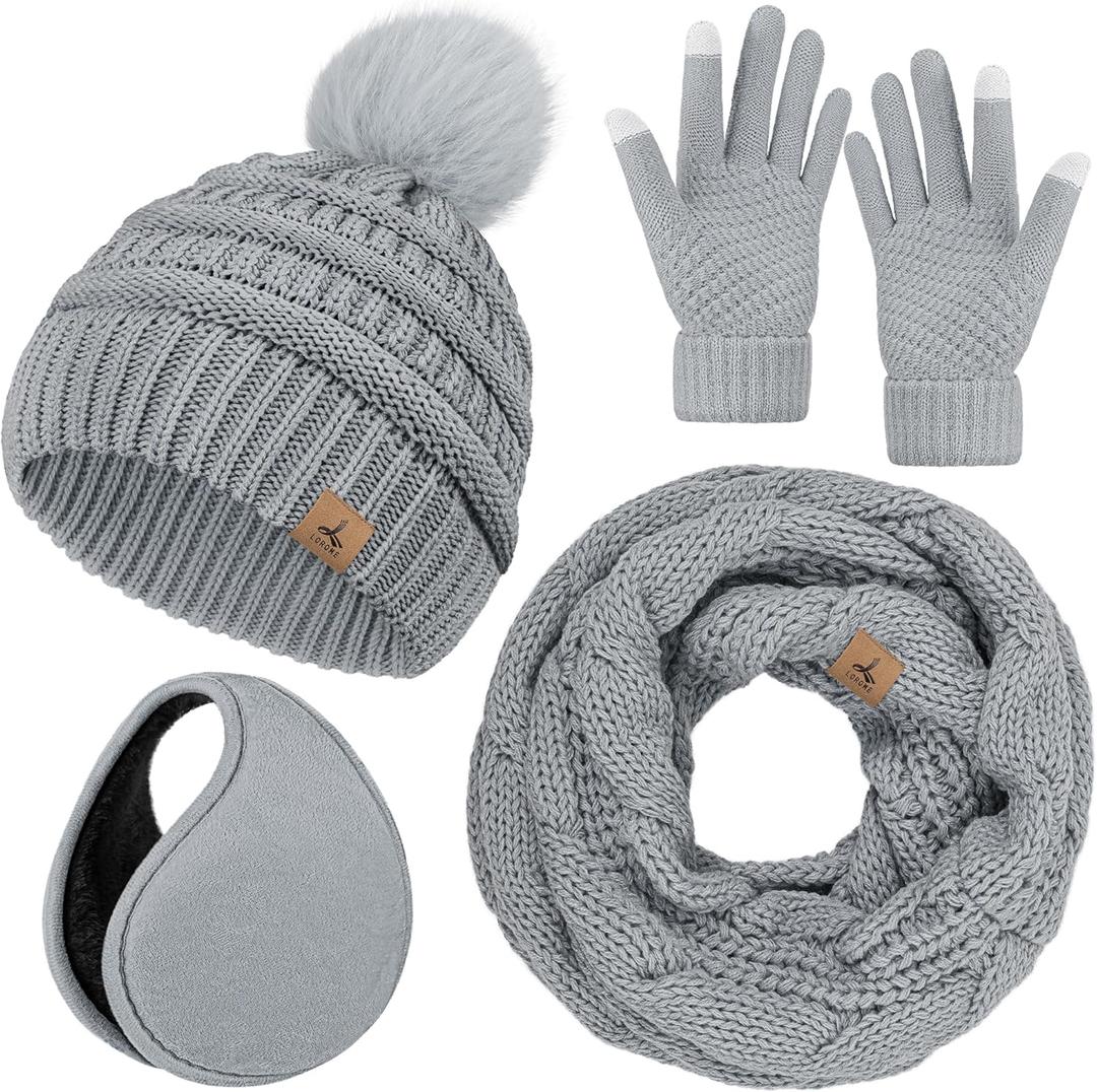 Winter Hat Scarf Gloves and Ear Warmer, Warm Knit Beanie Hat Touch Screen Gloves Set Winter Gifts Neck Scarves for Women (Light Gray)