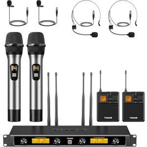 TONOR UHF Wireless Microphones System with Metal Cordless Handheld/ Headset/ Lavalier Lapel Mics, Bodypack Transmitter, Receiver, 4*10 Channels 295ft Range for Singing Karaoke Church Party DJ PA Speaker