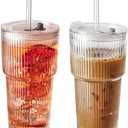 20oz Ribbed Glass Tumblers with Lids & Straws, Ideal for Iced Coffee, Cocktails & More - Includes Cleaning Brush (2pack)