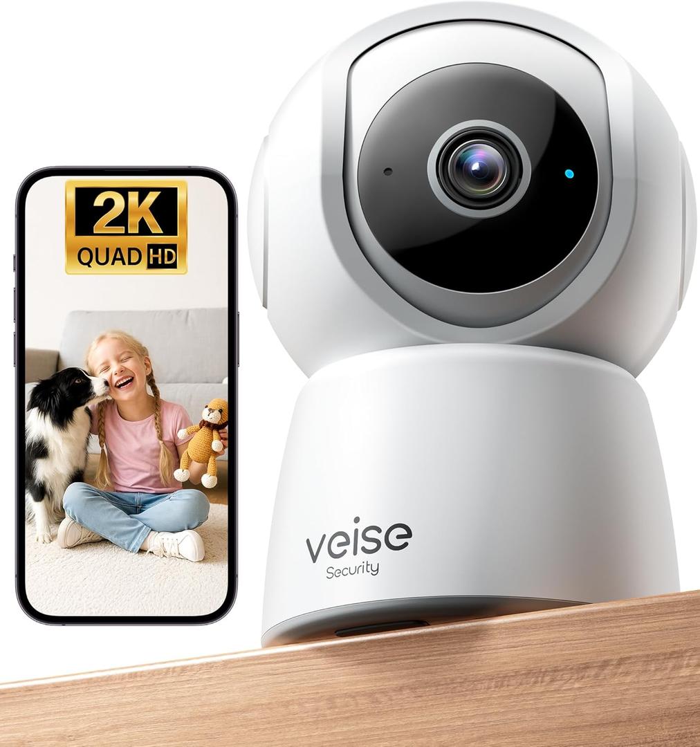 Veise 2K Indoor Security Camera 2.4GHz, 360 Pan/Tilt Pet Camera with Motion Tracking, Baby Monitor, 2-Way Audio, Night Vision, Cloud/SD Storage, Compatible with Voice Assistant, White (1-Pack)