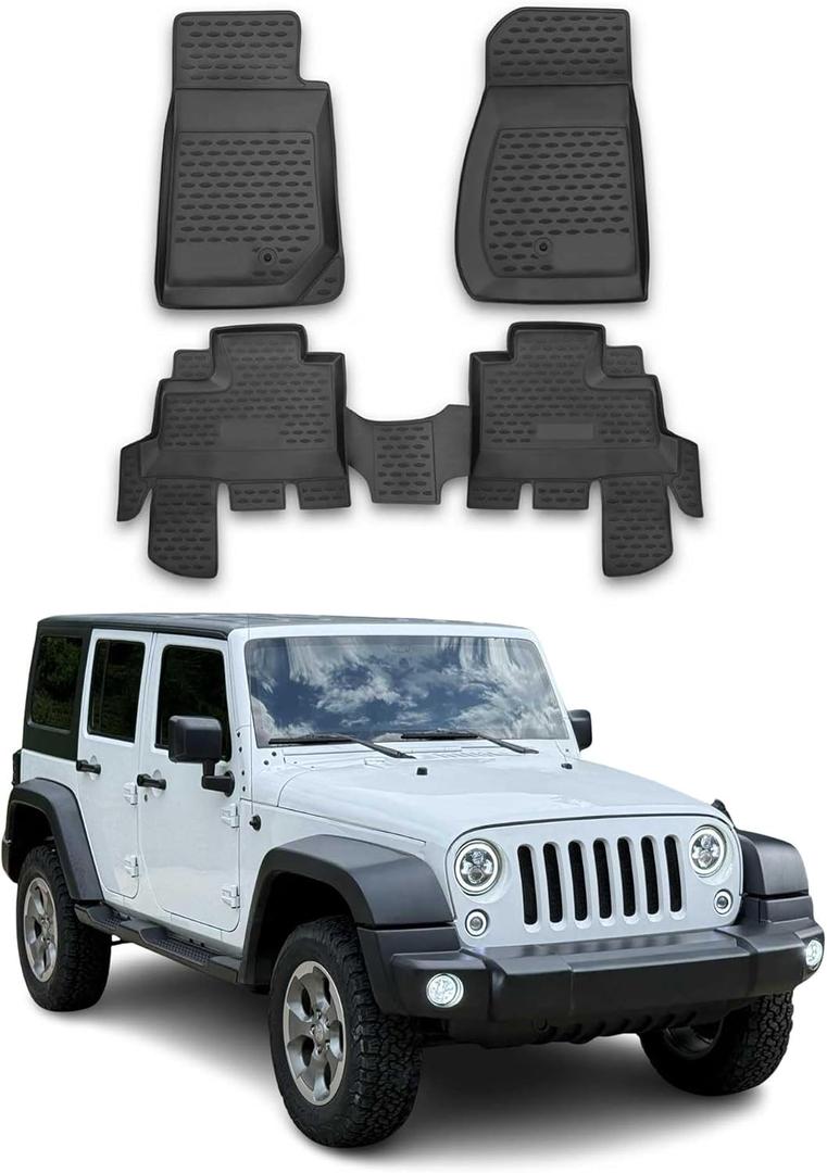 OMAC Floor Mats for Jeep Wrangler 2007-2013 4 Door Car Mats All Weather 3D Custom Fit Rubber Mat Waterproof Odorless TPE Floor Liners Laser Measured Non-Slip (Black)