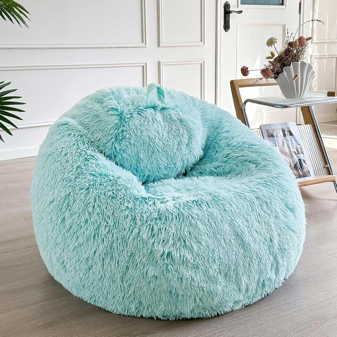LIFEREVO Fluffy Bean Bag Chair Cover (No Filler), Soft Faux Fur Stuffed Animal Bean Bag Storage Cover for Adults Kids Teens, Furry Comfy Stuffy Beanbag for Plush Toys or Textile (Aqua Ombre) (Large)