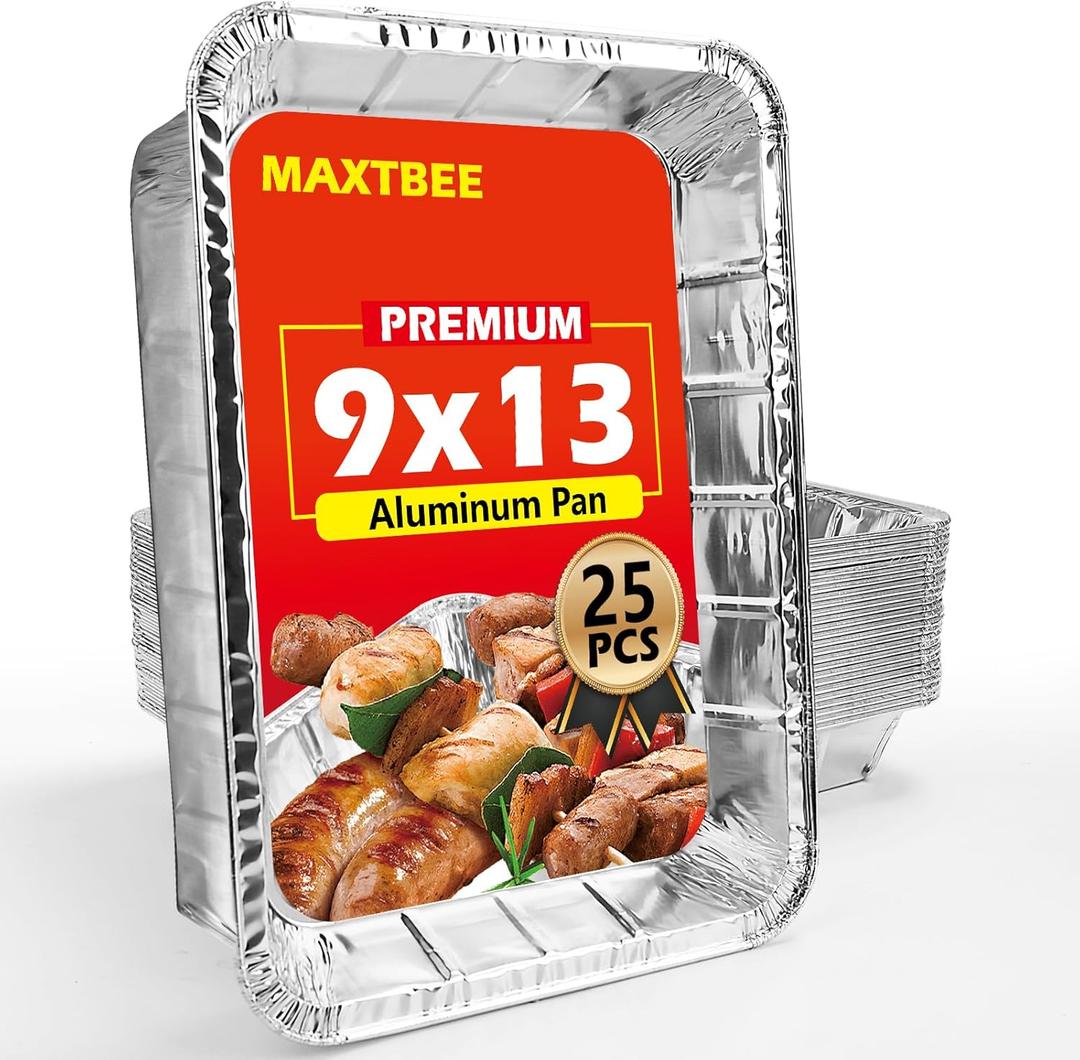 Aluminum Pans Foil Pans, 25 Pack 9x13 Disposable Trays Half Size Tin Pans Heavy Duty Foil Trays Food Containers For Cooking, Baking, Roasting, Heating or Steam Table