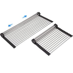 ARAINY Large Telescopic Drain Rack Roll Up Rack Heat-Resistant Dish Drainer Kitchen Sink Rack Over the Sink Dish Drying Rack Stainless Steel Dish Rack (18 Tube 21.25''x12.79'')