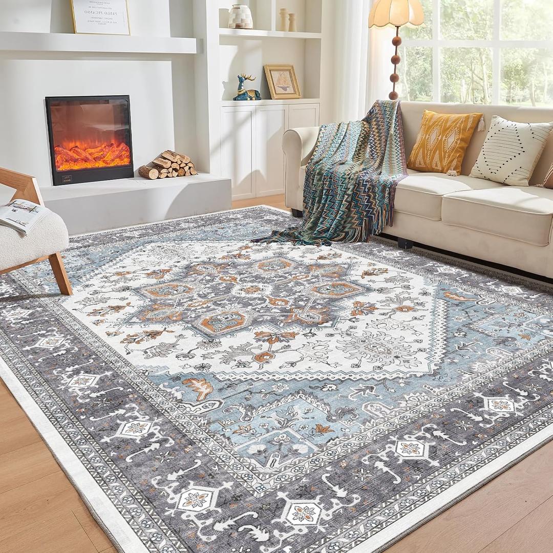 OPPODREAM Soft Area Rugs 9x12 Living Room, Washable Rugs 9x12 with Non Slip Backing, Faux Cashmere Low-Pile 9 x 12 Carpet, Grey & Teal & Yellow