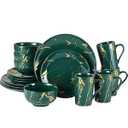 Loymokinar 16-Piece Microwave Safe Dinnerware Set, Green and Gold Marble Plates and Bowls Set for 4, Stackable Porcelain Dish Set