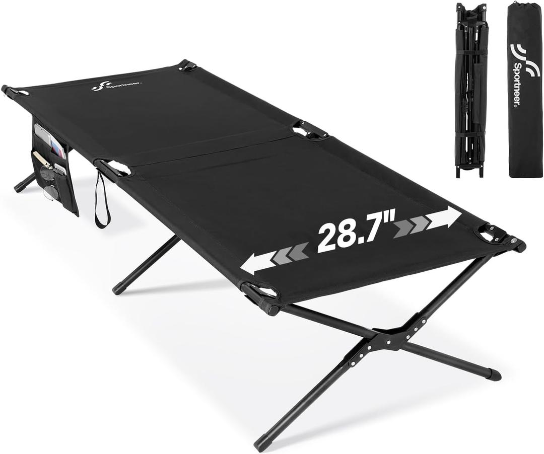 Sportneer Camping Cot: 78.3"x28.7"x14.6" Comfort Cot Bed for Camping Traveling Guest Bed, Sleeping Cots for Adults with Side Pockets & Storage Bag - Ease of Assembly, Support 330 Lbs (Black)