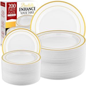 Prestee 200pc Gold Disposable Plates Set  100 Dinner and 100 Salad Plates, White with Gold Rim  Heavy-Duty Plastic Plates for Party, Wedding, Holiday, Appetizer and Dessert
