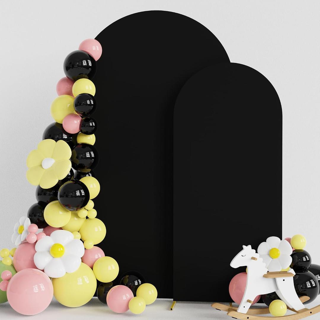 Asee'm Wedding Arch Cover Fitted Spandex Covers (7.2FT, 6FT) 2-Sided Round Top Chiara Backdrop Stand Cover Set of 2 for Party Birthday Banquet Decoration Black