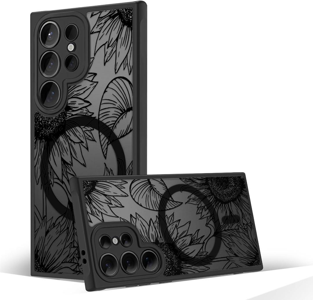 Magnetic Case for Samsung Galaxy S24 Ultra [Compatible with MagSafe] Black Flower Floral Case for Women Girls Soft TPU Bumper Hard PC Anti-Fall Shockproof Protective Slim Cover A5