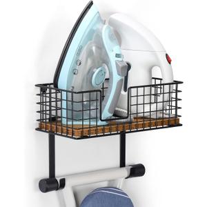 Iron Board Hanger Wall Mount Ironing Boards Holder with Shelf, Laundry Room Iron and Ironing Board Rack with Storage Basket and Hooks, Wall Iron Board Holder with Wood Base for Home, Classic Black