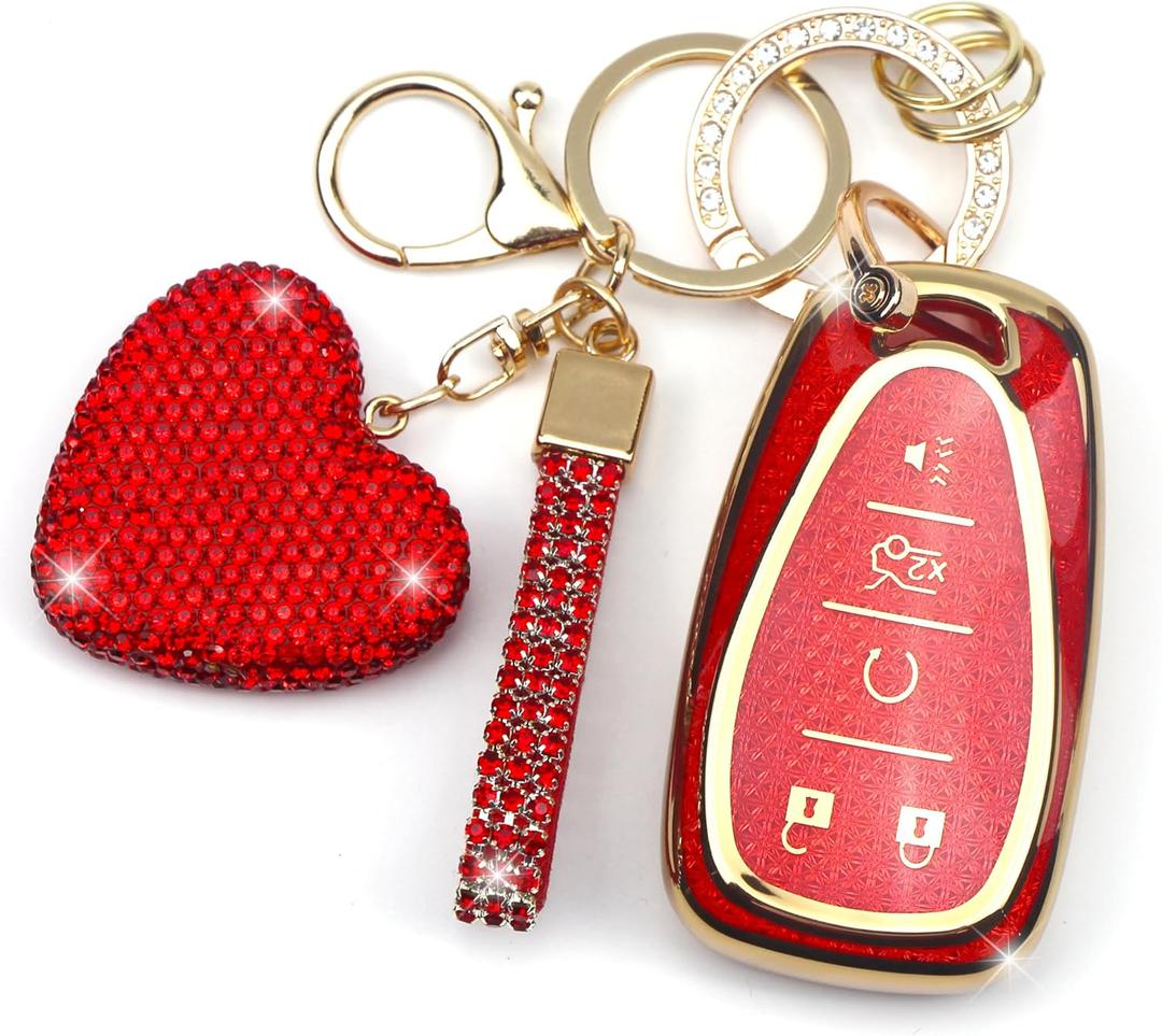Key Fob Cover for Chevy with Diamond Keychain for Women Car Key Holder Compatible with Chevrolet Equinox Malibu Cruze Traverse Camaro Trax Blazer Volt Bolt Protector, 5 Buttons (Red-Heart)