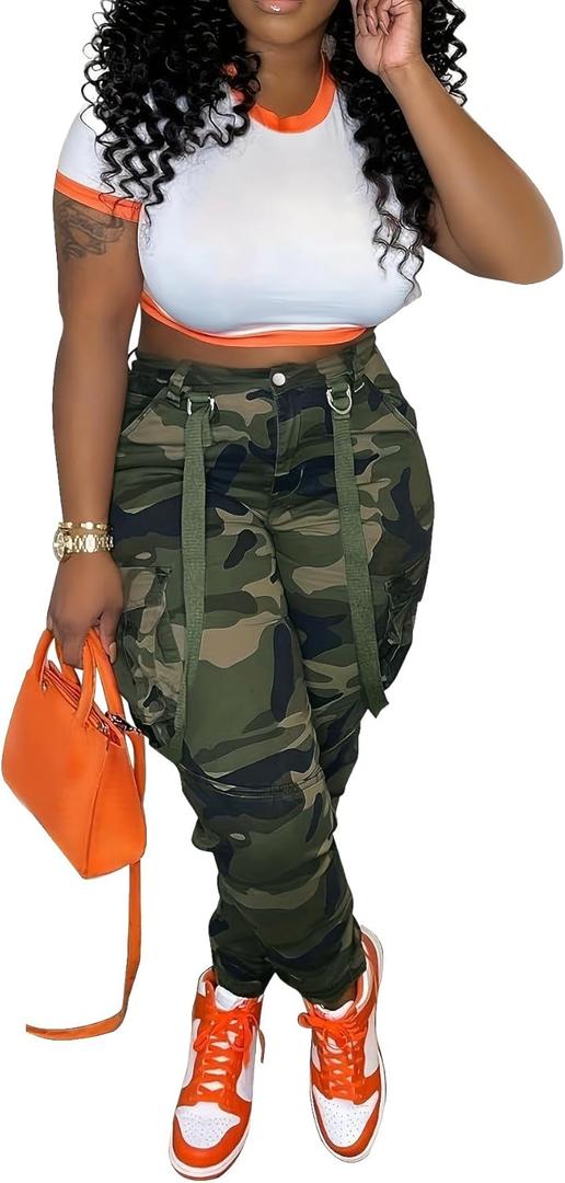 Camo Cargo Pants for Women - Army Fatigue High Waisted Stretchy Camouflage Cargo Pants with Pockets (Large)