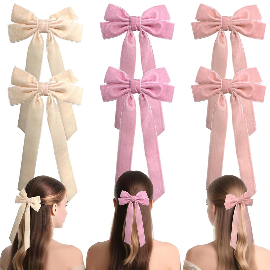 6pcs Velvet Bows Hair Clips Long Hair Ribbons Clips Velvet Hair Bows Christmas Hair Accessories for Women Girls Teens Kids(Beige, Pink, Peach)
